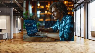 Businessman studies financial charts on laptop, investment strategy, digital technology concept Wall mural