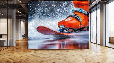 Capturing the thrill of water sports with vibrant orange boots splashing through waves at a serene lakeside location Wall mural