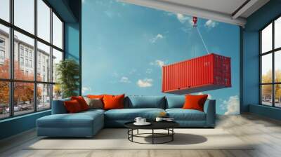 Cargo container being hoisted by crane, global trade illustration. Wall mural