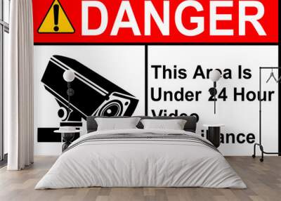 CCTV sign. Video camera sign. Area under 24 hour video surveillance. Surveillance camera, monitoring, home security protection system. Employee, visitor and property safety. Prevent crime. Wall mural