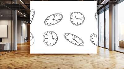 Clock icon set in liquid deformed line Dali style, melting clocks distorted shape, linear collection illustration. Wall mural