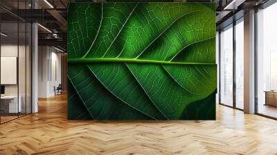 close-up of a large green tree leaf on a black background, Generative by AI Wall mural