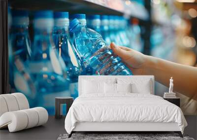 Close up of a womans hand taking a bottle from a shelf with blue water in a supermarket. with a blurred background  Wall mural