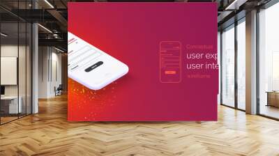 Conceptual banner, booklet, brochure. User experience, user interface. Sparks around the flying 3d phone with a web page layout. Mobile app Wall mural