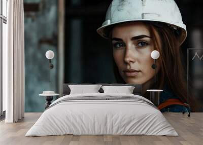 Confident construction worker woman with brown hair posing on job site wearing hard hat for safety, exuding determination and skill as engineer and builder in industrial field Wall mural