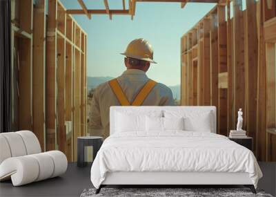 construction worker working on wooden beams in a new house under construction Wall mural