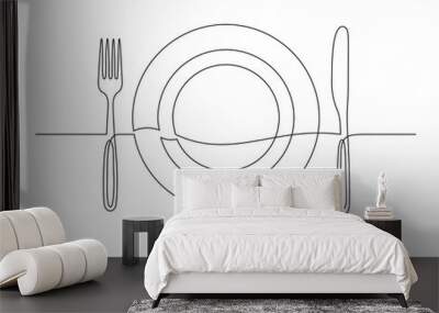 Continuous line drawing of hand drawn plate, fork and knife. . Template for your design. Vector illustration. Wall mural