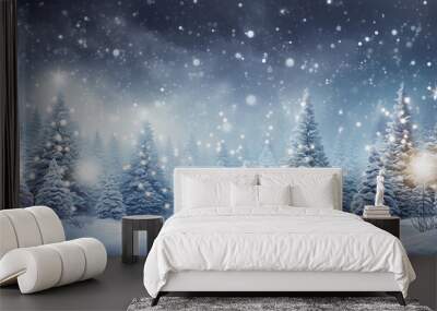 Creative christmas celebration background of snow bokeh pine tree forest glitter shiny light christmas tree with a bright shining snowflake background.ai generative Wall mural