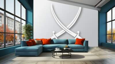 Crossed sabers icon in white style with shadow isolated on grey background. Wall mural