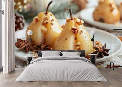 Delicious baked pears with nuts and anise stars on white table Wall mural