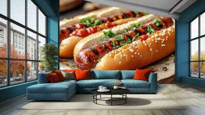 Deliciously grilled hot dogs topped with fresh herbs and condiments on a rustic wooden table Wall mural