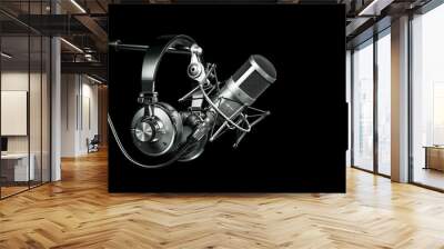 Audio recording studio equipment, Headphones on microphone stand Wall mural