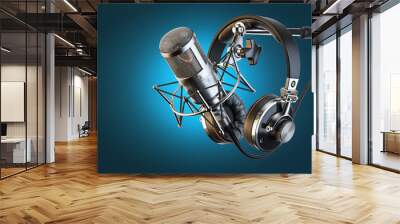 Headphones on microphone stand, professional studio Wall mural