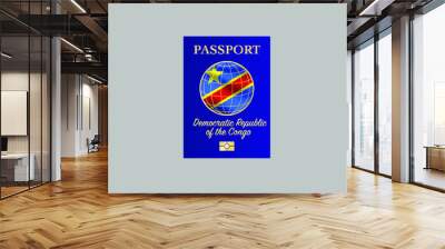 Democratic Republic Of The Congo  National flag with International Passport with biometric digital data chip, realistic blue cover, vector illustration for icon, logo, brand, travel agency Wall mural