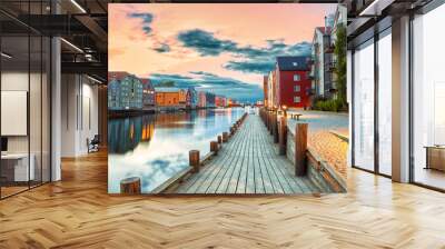 Amazing sunset over the Nidelva river in Trondheim, Norway Wall mural