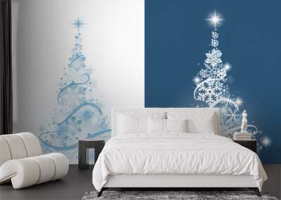 Christmas tree from snowflakes on white and blue background Wall mural