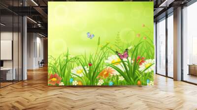 Green spring or summer meadow with grass, flowers and butterflies Wall mural