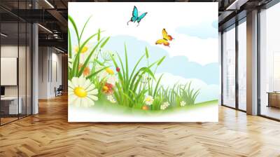 Green spring summer banner with grass, flowers, butterfly and clouds Wall mural