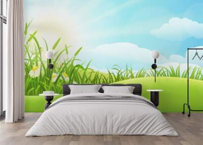 green summer landscape with grass, flowers, hills and sun Wall mural