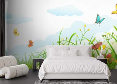 Summer meadow banner with green grass, flowers, butterflies and clouds Wall mural