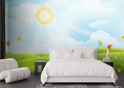 Summer or spring sunny meadow with green grass and flowers Wall mural