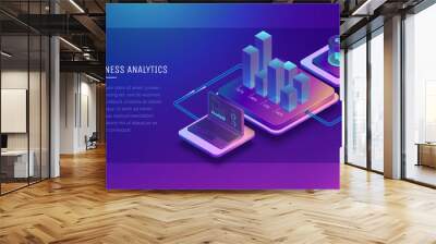 Digital technologies in business. Digital system analysis of business. Business growth graph. Online wallet. Electronic payment systems. Digital money transfers.Conceptual Isometric illustration. Wall mural