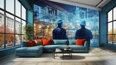 Digitalization of production: two industrial engineers use a tablet computer, visualize big data statistics wall,optimize the production of high-tech electronics.Industry 4.0 Engineering.ai generative Wall mural