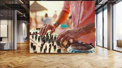 DJ is mixing music with djay controller at outdoor summer pool or beach party Wall mural