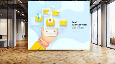 Email management. The hand is holding the phone. Mobile application for data analysis and accounting. File management. Electronic document management. Vector illustration 3d style Wall mural