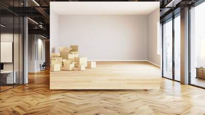 Empty room with moving boxes and window. Moving concept. Room for mockup. 3d rendering. Room with light walls and wooden floor Wall mural