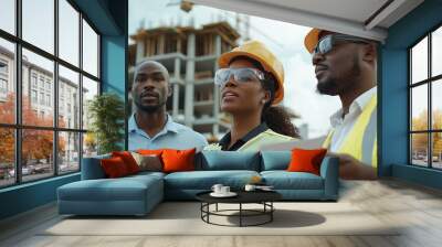 Engineering, construction site and team outdoor for building project, planning and architecture. Black woman and men contractor together for development and safety assessment discussion in city Wall mural