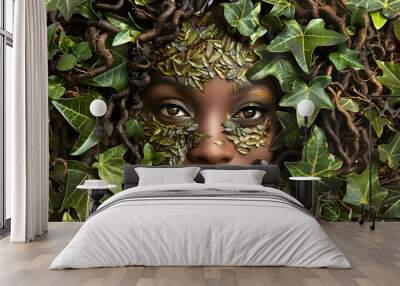 Environmentalist's visage made of leaves and branches and rainforest setting  Wall mural