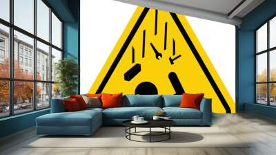 Falling objects danger sign. Falling objects warning sign. Caution, falling objects from a height on construction sites cause injury. Yellow triangle sign with icon of falling tools on a person. Wall mural