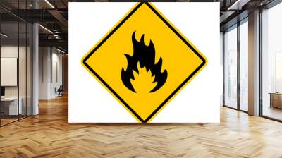 Flammable sign. Caution: flammable substances. Yellow diamond shaped warning road sign. Diamond road sign. Rhombus road sign. Wall mural