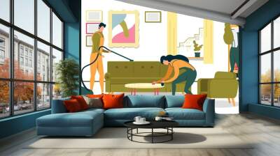 Flat Workers Team Cleaning Living Room Furniture. Wall mural