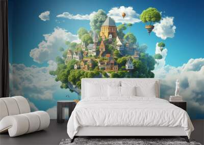 floating mini world, planet earth with tiny houses with tiny trees. AI generative Wall mural