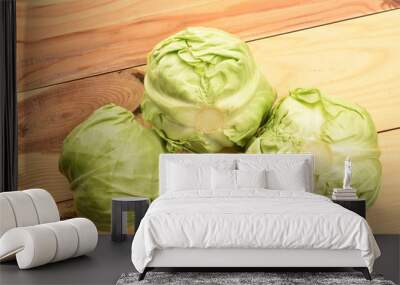 Fresh green cabbage on a wooden table. Wall mural