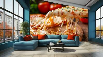 Fresh pizza slice pulled with cheese Wall mural