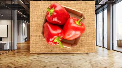 Fresh ripe vegetables, red sweet pepper, on jute cloth, macro, top view. Wall mural