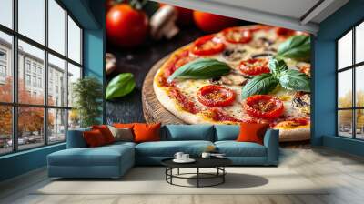 Freshly Baked Margherita Pizza on Wood Board With Tomatoes and Mushrooms in Background Wall mural