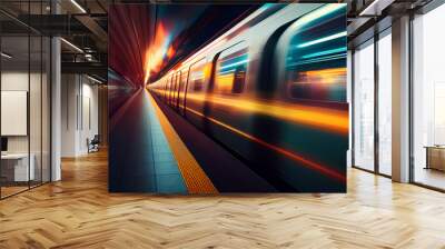 Futuristic Subway at high speed at night with motion blur background. Generative AI technology. Wall mural