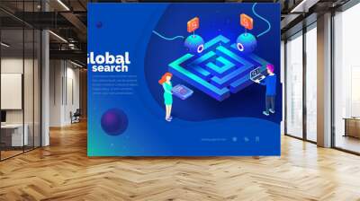 Global search. A man with a laptop interacts with a global tracking system. Data collection. World map. Modern vector illustration of isometric style. Wall mural