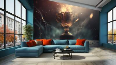 Golden champion trophy cup winner on blur bokeh dark lights background AI generated art Wall mural