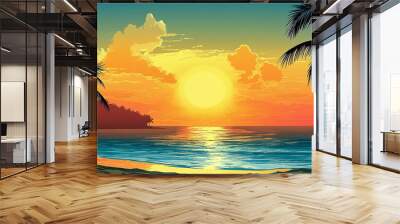 Gorgeous tropical sunset over a beach with palm silhouettes, ideal for summer vacation themes Wall mural