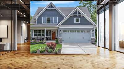 gray house with covered veranda and garage Wall mural