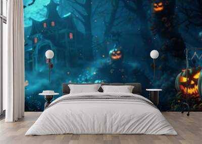 halloween night with haunted house and pumpkins in dark forest - 3d illustration Wall mural