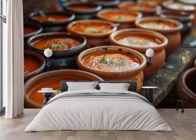 Handcrafted ceramic bowls of roasted red pepper soup. Artisan pottery studio backdrop.  Wall mural