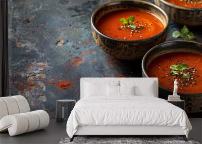 Handcrafted ceramic bowls of roasted red pepper soup. Artisan pottery studio backdrop. with space for text  Wall mural