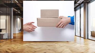 Hands of a delivery courier pass the packaging to the customer. Wall mural