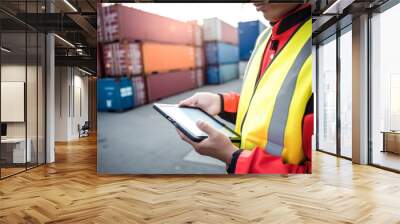 Hands of a worker with a digital tablet computer in a seaport with containers. concept of logistics and delivery. ai generative Wall mural